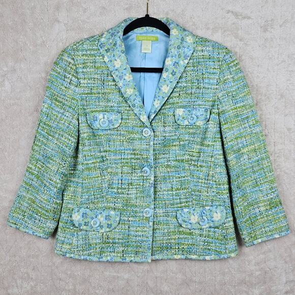 Sigrid Olsen Tweed Blazer 10 Retro Floral Groovy Colorful 60s Mod Preppy Blue - Picture 1 of 8